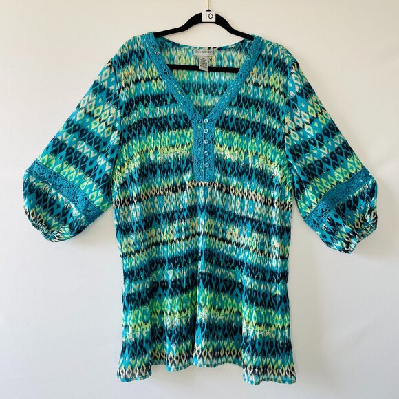 Catherines Womens Multicolor Lace Datalink V-Neck Ikat Inspired Blouse Size 2X - Picture 1 of 7